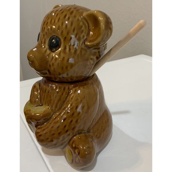 Vintage Ceramic Brown Teddy Bear Honey Pot Jar Made in Taiwan W/Dipstick - Picture 3 of 10